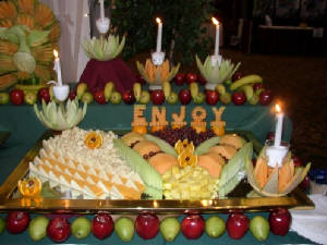 Cheese and fruit displayed